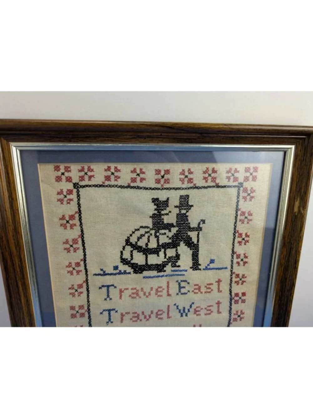 Vintage Framed Needlepoint Embroidery Travel East Travel West Home Best Nautical